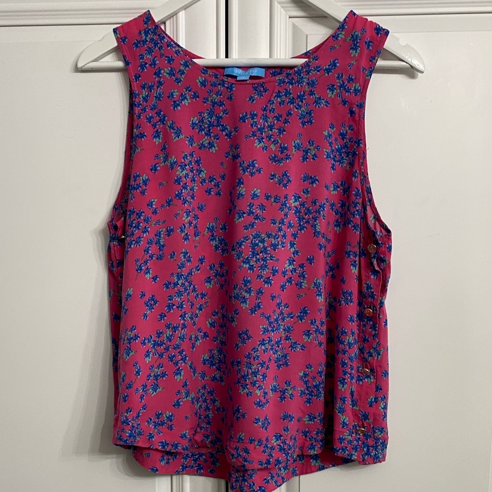 Draper James Women’s Sz Medium Sleeveless Scoop Neck Top Pink with Blue Flowers